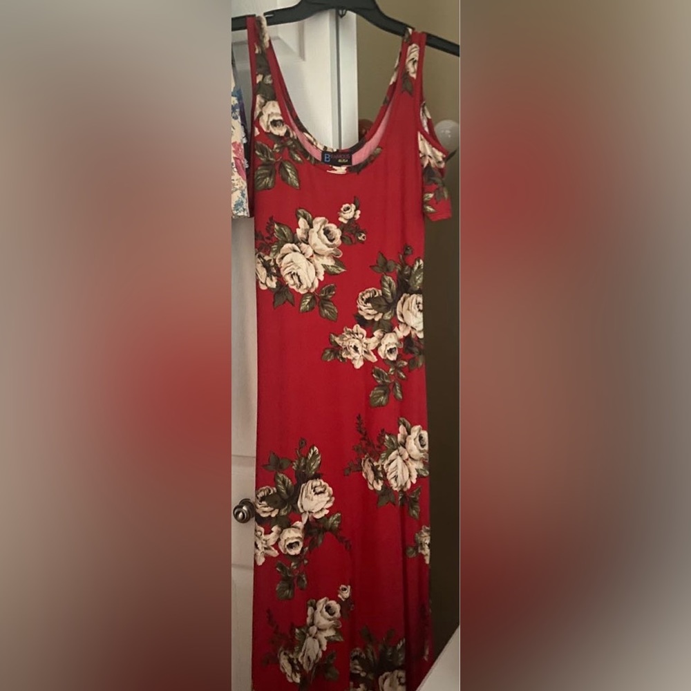 Long red floral dress; stretchy soft material; cut outs on shoulder